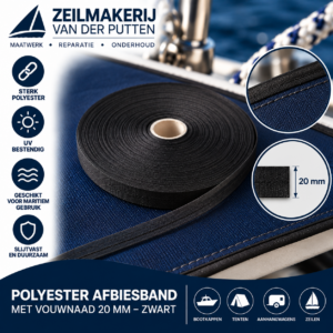 Polyester afbiesband met vouwnaad – 20 mm zwart