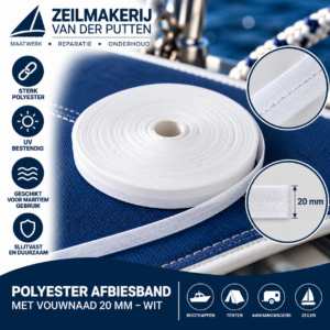 Polyester afbiesband met vouwnaad – 20 mm wit